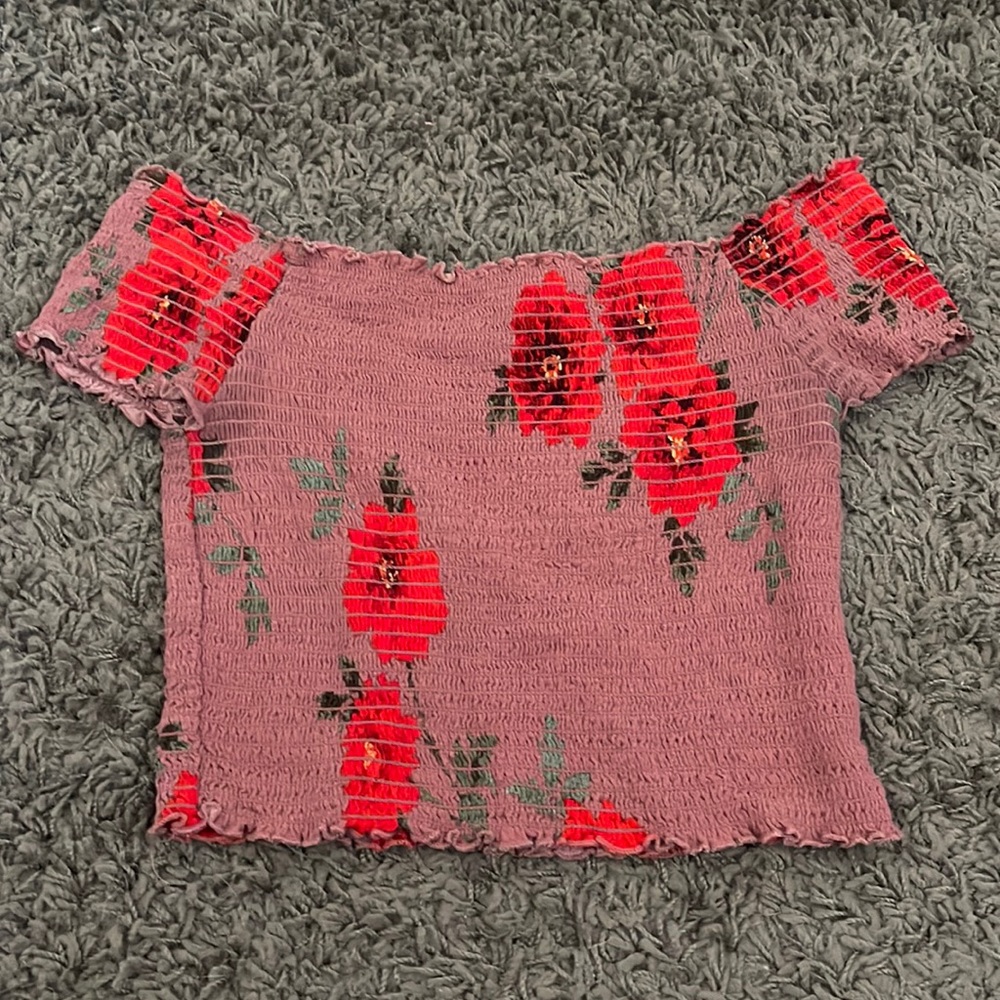 Kendall & Kylie Off The Shoulder Red Floral Lettuce Crop Top - Size S